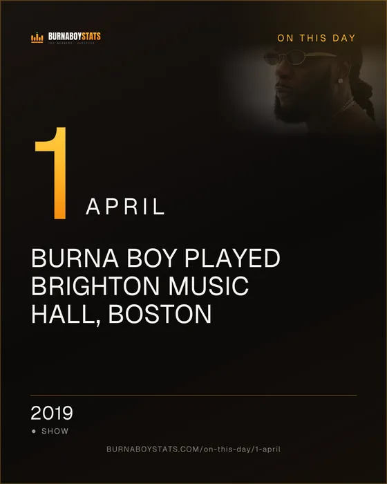 The 1 April card: 2019, Burna Boy played Brighton Music Hall, Boston