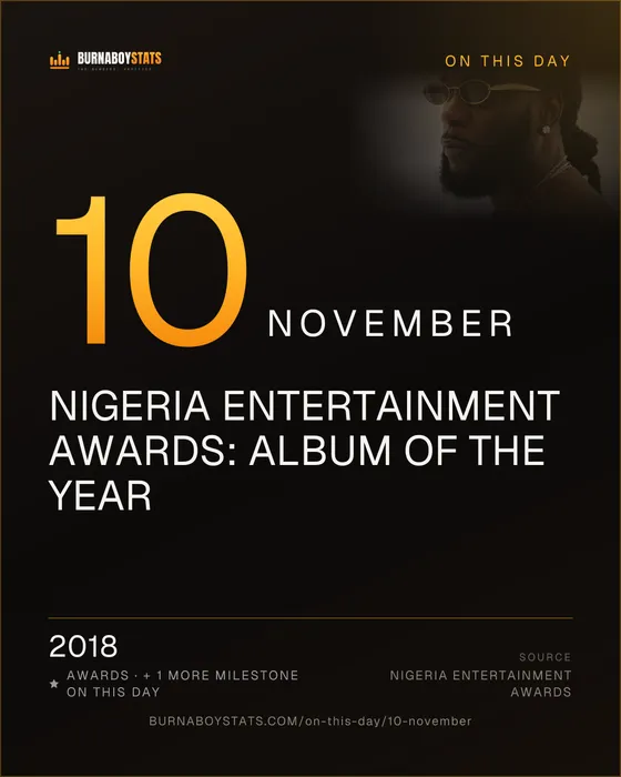 The 10 November card: 2018, Nigeria Entertainment Awards: Album of the Year