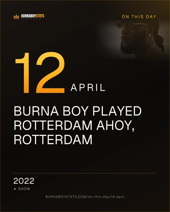 The 12 April card: 2022, Burna Boy played Rotterdam Ahoy, Rotterdam