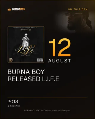 The 12 August card: 2013, Burna Boy released L.I.F.E