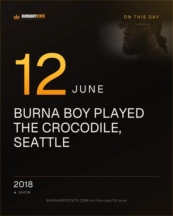 The 12 June card: 2018, Burna Boy played The Crocodile, Seattle