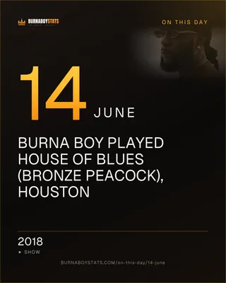 The 14 June card: 2018, Burna Boy played House of Blues (Bronze Peacock), Houston
