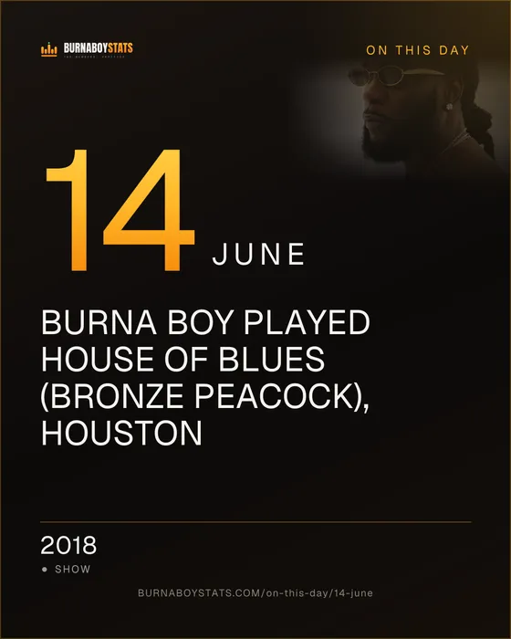 The 14 June card: 2018, Burna Boy played House of Blues (Bronze Peacock), Houston