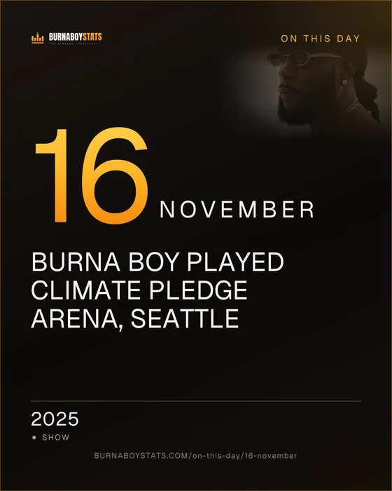 The 16 November card: 2025, Burna Boy played Climate Pledge Arena, Seattle