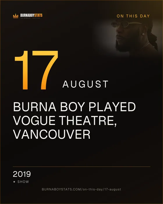 The 17 August card: 2019, Burna Boy played Vogue Theatre, Vancouver