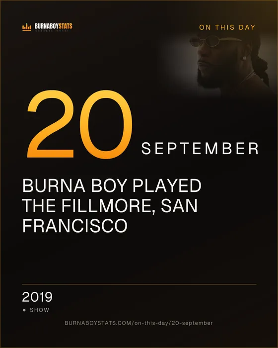 The 20 September card: 2019, Burna Boy played The Fillmore, San Francisco