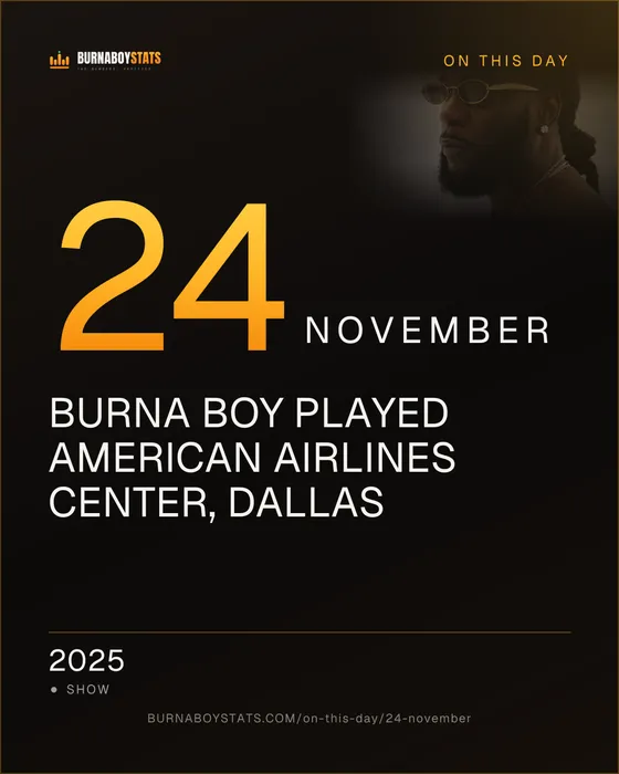 The 24 November card: 2025, Burna Boy played American Airlines Center, Dallas