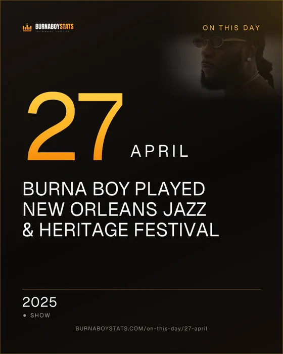 The 27 April card: 2025, Burna Boy played New Orleans Jazz & Heritage Festival