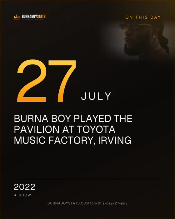 The 27 July card: 2022, Burna Boy played The Pavilion at Toyota Music Factory, Irving
