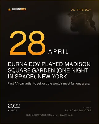 The 28 April card: 2022, Burna Boy played Madison Square Garden (One Night in Space), New York
