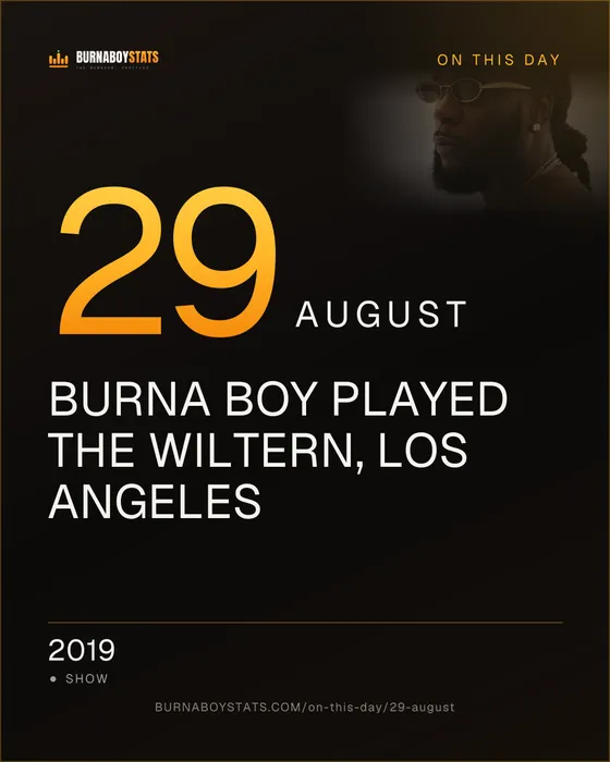 The 29 August card: 2019, Burna Boy played The Wiltern, Los Angeles