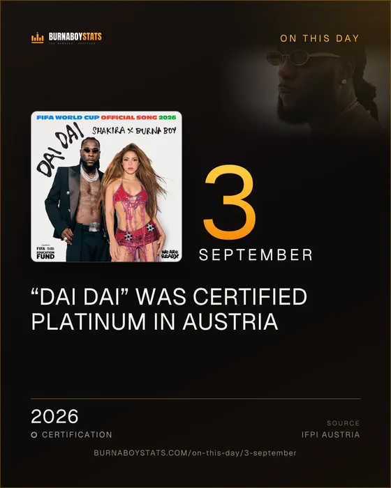 The 3 September card: 2026, “Dai Dai” was certified Platinum in Austria