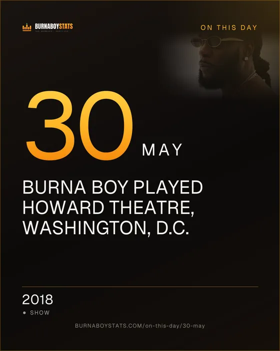 The 30 May card: 2018, Burna Boy played Howard Theatre, Washington, D.C.