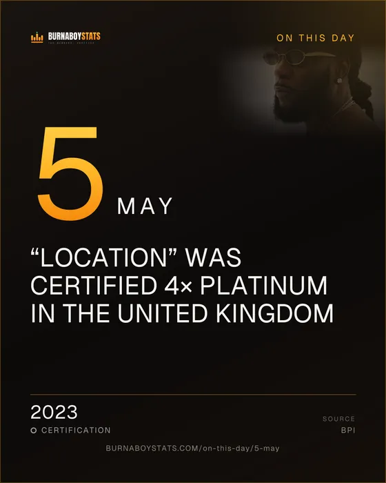 The 5 May card: 2023, “Location” was certified 4× Platinum in the United Kingdom