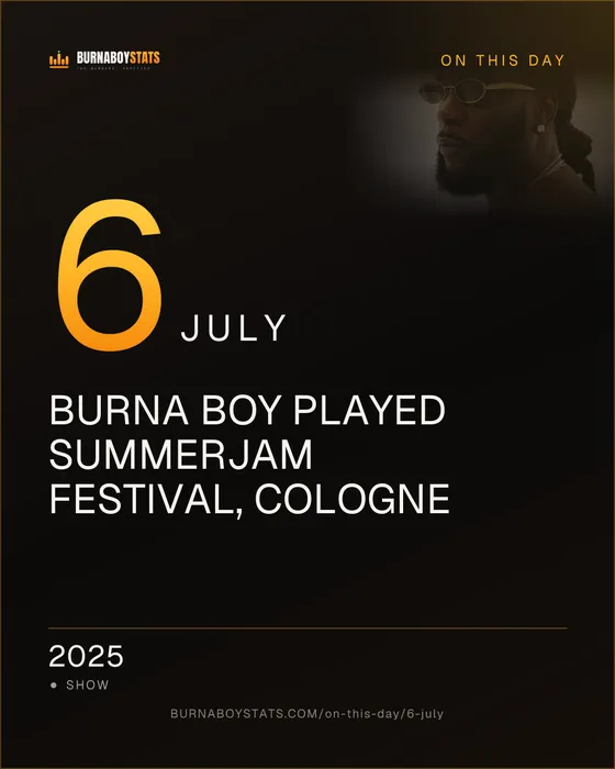The 6 July card: 2025, Burna Boy played SummerJam Festival, Cologne
