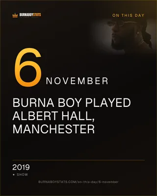The 6 November card: 2019, Burna Boy played Albert Hall, Manchester