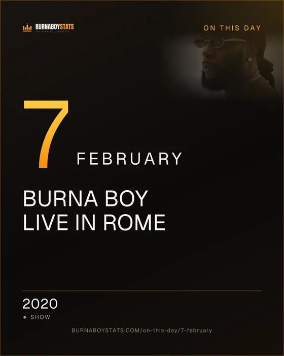 The 7 February card: 2020, Burna Boy Live in Rome